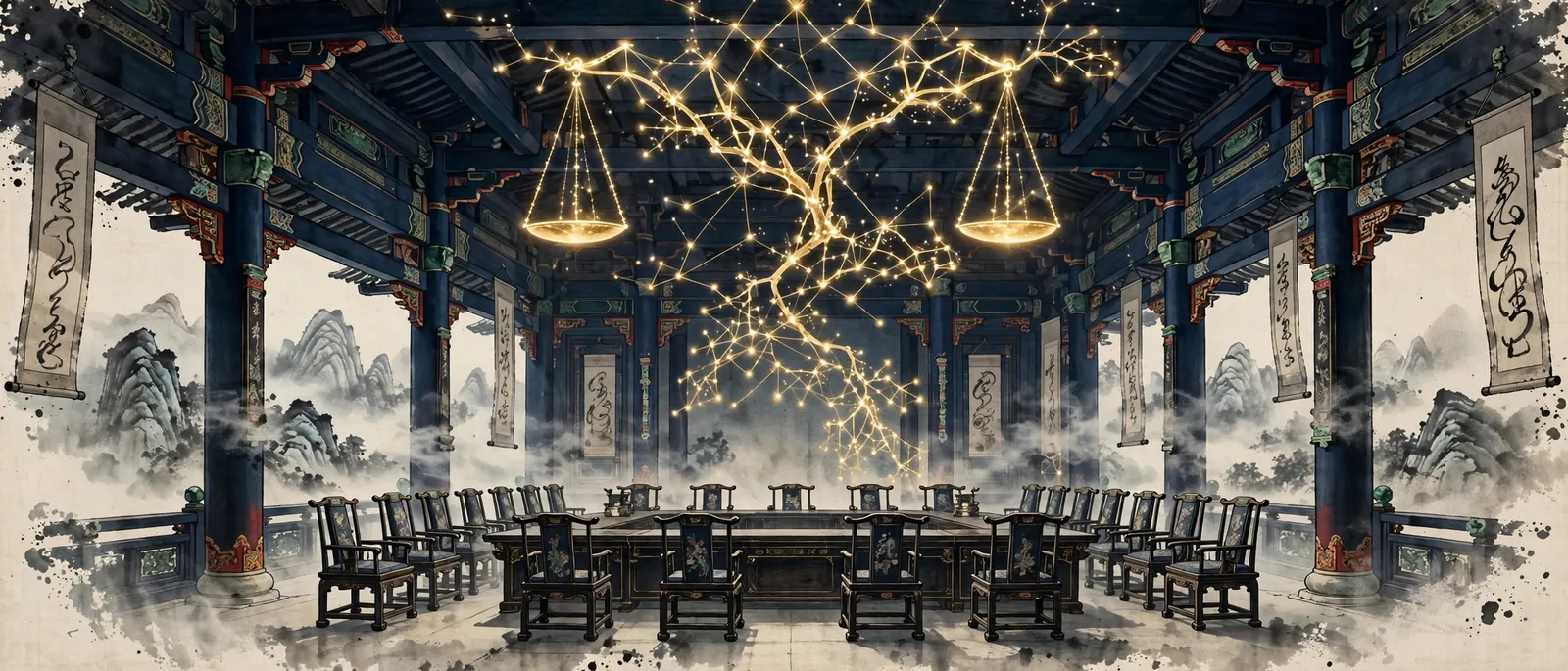 Painted court of the Jin Dynasty seats beneath a golden tree of connected light resolving into a balanced scale